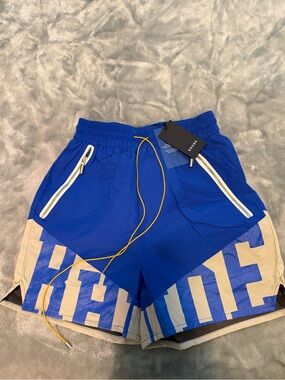 Rhude Blue and Beige Logo Athletic Shorts